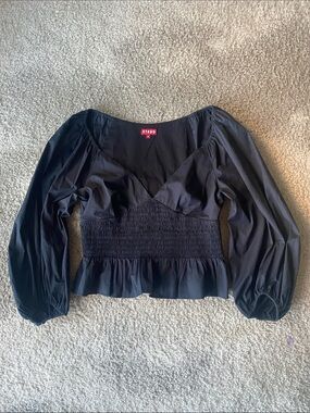 STAUD "Matilde" Black Smocked Peplum Waist 3/4 Sleeve Top